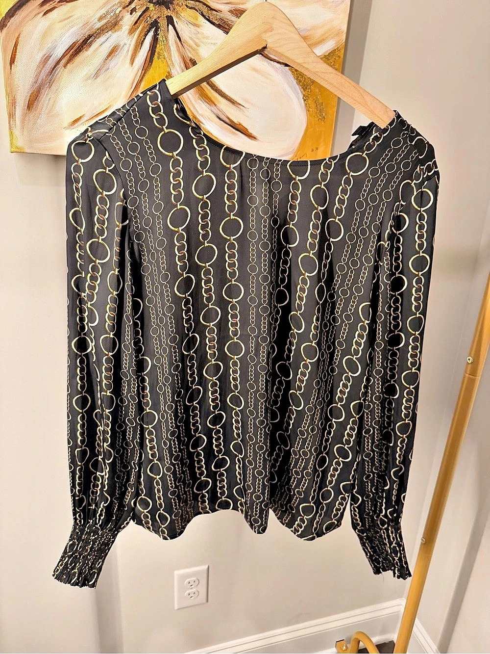 Banana Republic Chain Print Long Sleeve Blouse Black & Gold Size Small